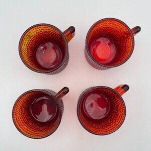 Rare 1960s Cadmium Glow Hobnail Pigeon’s Blood Glass Mugs – Set of 4 – UV Reacti